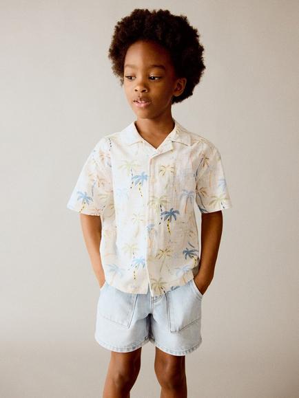 Mango Kids' Short Sleeve Palm Print Shirt, Off White, Off White
