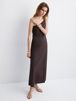 Mango Asymmetric Ruched-Shoulder Maxi Dress, Brown, Brown
