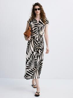 Mango Short Sleeve Leaf Print Midi Shirt Dress, Black, Black