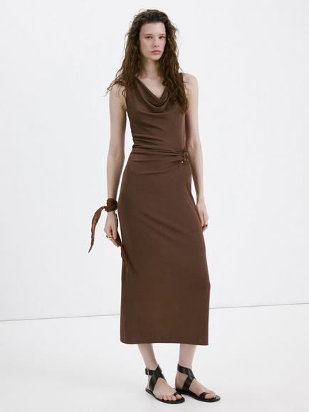 Mango Sleeveless Cowl Neck Midi Dress, Brown, Brown