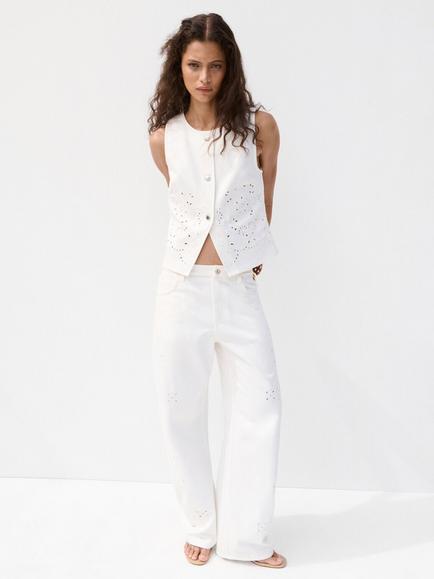 Mango Mid Rise Embroidered Wide Leg Jeans, White, White