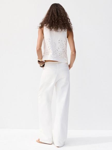Mango Mid Rise Embroidered Wide Leg Jeans, White - view 2, White