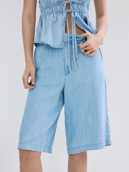 Mango Low-Rise Wide-Leg Bermuda Denim Shorts, Light Blue, Light Blue