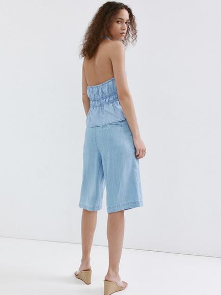 Mango Low-Rise Wide-Leg Bermuda Denim Shorts, Light Blue - view 2, Light Blue