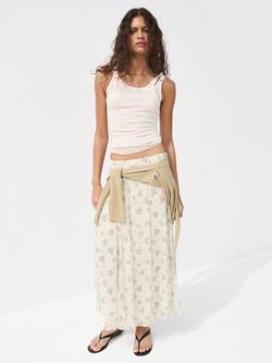 Mango Mid Rise Floral Godet Panel Midi Skirt, Off White, Off White