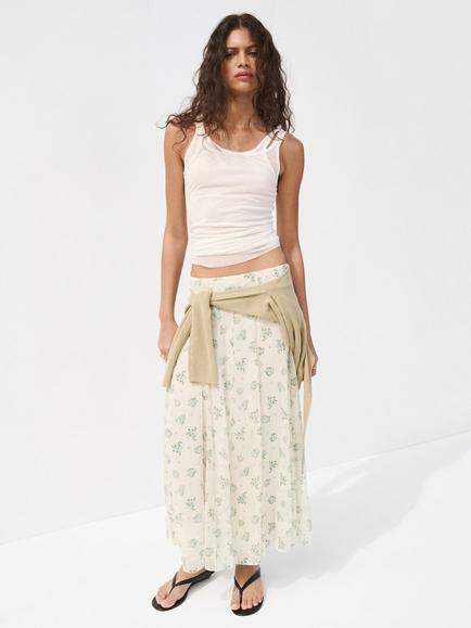 Mango Mid Rise Floral Godet Panel Midi Skirt, Off White, Off White