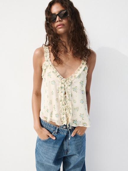 Mango Ruffle Lace-Up Camisole Top, Off White, Off White