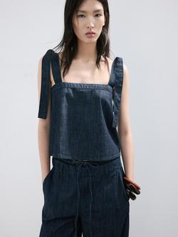 Mango Cotton Square Neck Top, Blue, Blue