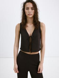 Mango Tie-Front Cropped Knit Top, Chocolate, Chocolate