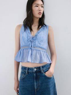 Mango Lace Trim Sleeveless Blouse, Sky Blue, Sky Blue