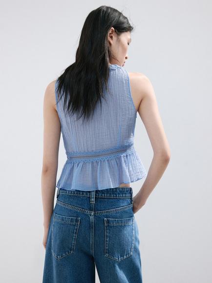 Mango Lace Trim Sleeveless Blouse, Sky Blue - view 2, Sky Blue