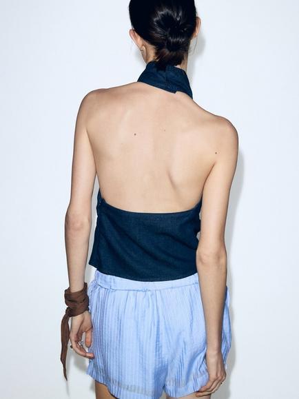 Mango Backless Denim Halter Top, Blue - view 2, Blue