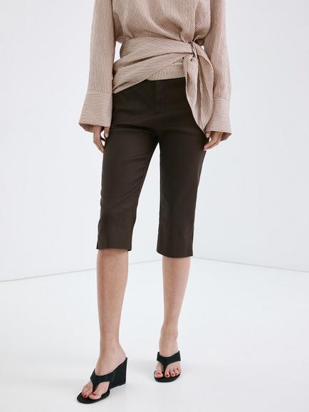 Mango Mid-Rise Linen Blend Capri Cropped Trousers, Chocolate, Chocolate