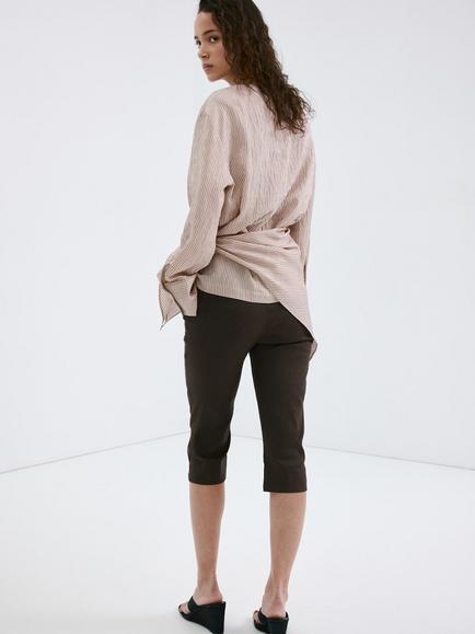 Mango Mid-Rise Linen Blend Capri Cropped Trousers, Chocolate - view 2, Chocolate