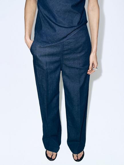 Mango Cotton Rich Wide Leg Trousers, Blue, Blue