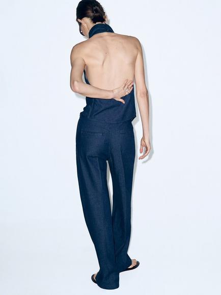 Mango Cotton Rich Wide Leg Trousers, Blue - view 2, Blue