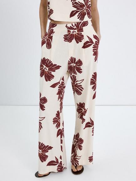 Mango Pantalon Floral Wide Leg Trousers, Cream, Cream