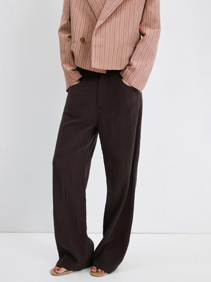 Mango Cotton Wide Leg Trousers, Chocolate, Chocolate