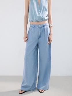 Mango Mid-Rise Wide Leg Trousers, Light Blue, Light Blue