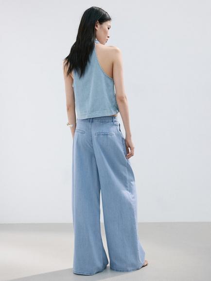 Mango Mid-Rise Wide Leg Trousers, Light Blue - view 2, Light Blue