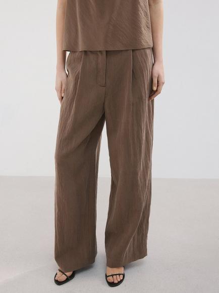 Mango Mid-Rise Wide-Leg Fluid Trousers, Brown, Brown