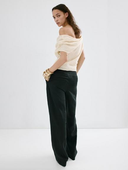 Mango Mid-Rise Pleated Wide Leg Trousers, Black - view 2, Black