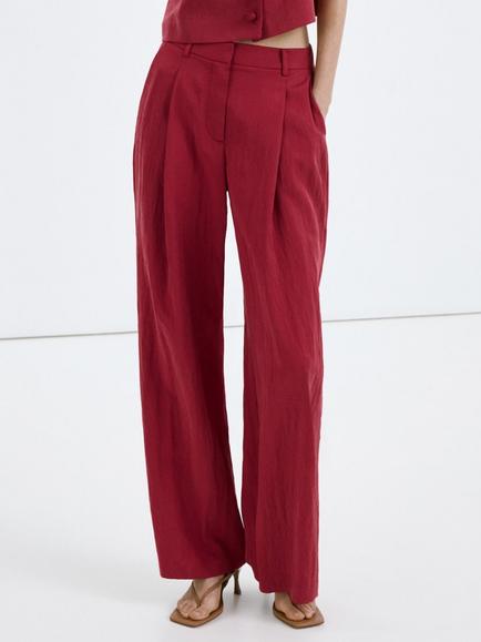 Mango Mid-Rise Pleated Wide-Leg Trousers, Red, Red