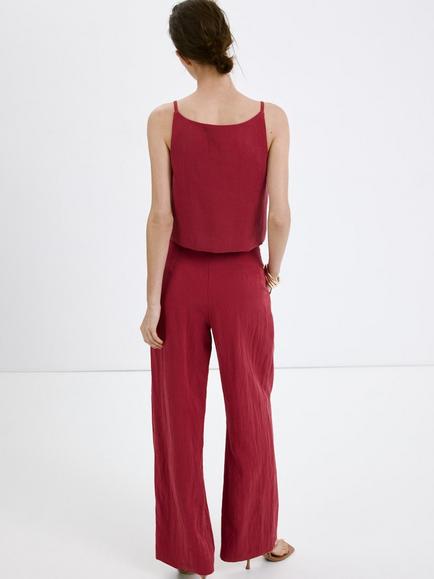 Mango Mid-Rise Pleated Wide-Leg Trousers, Red - view 2, Red
