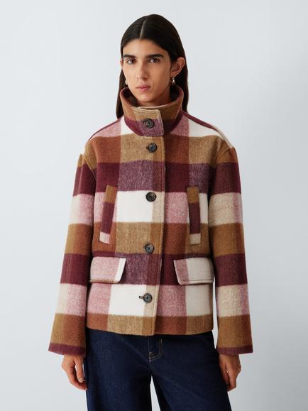 AND/OR Check Short High Neck Jacket, Burgundy, Burgundy
