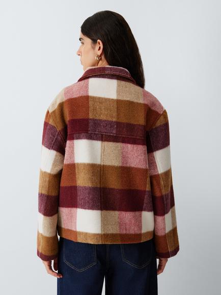 AND/OR Check Short High Neck Jacket, Burgundy - view 2, Burgundy