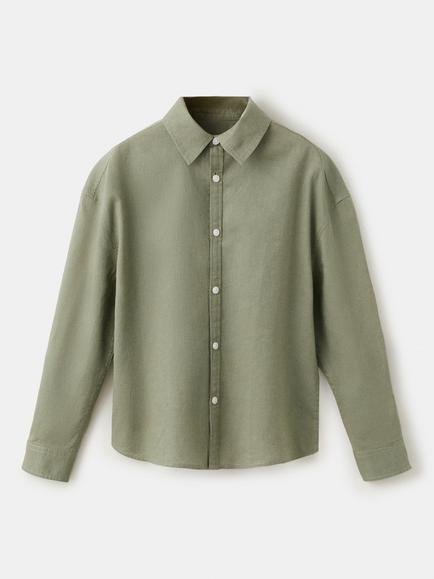 Mango Kids' Relaxed Linen Blend Long Sleeve Shirt, Khaki
