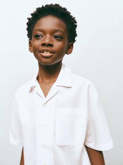 Mango Kids' Linen Blend Short Sleeve Shirt, White, White