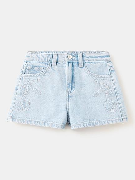 Mango Kids' Embroidered High-Rise Shorts, Light Blue, Light Blue