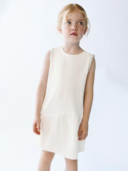 Mango Kids' Sleeveless Cotton Dress, Cream, Cream