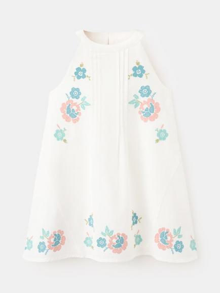 Mango Kids' Sleeveless Embroidered A-Line Dress, Cream, Cream
