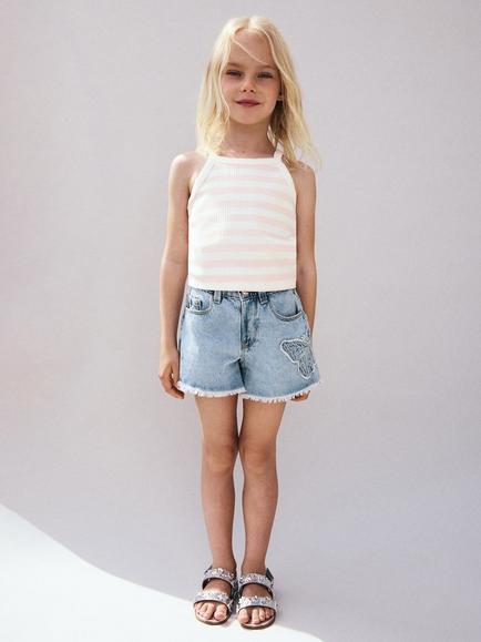 Mango Kids' Embroidered Butterfly Denim Shorts, Light Blue, Light Blue
