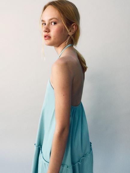 Mango Kids' Tiered Mini Dress, Sky Blue - view 2, Sky Blue