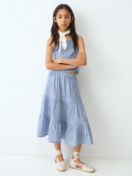 Mango Kids' Pure Cotton Tiered Skirt, Blue, Blue