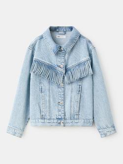 Mango Kids' Relaxed Fringe Denim Trucker Jacket, Light Blue, Light Blue