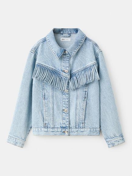 Mango Kids' Relaxed Fringe Denim Trucker Jacket, Light Blue, Light Blue