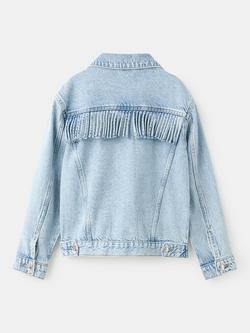 Mango Kids' Relaxed Fringe Denim Trucker Jacket, Light Blue - view 2, Light Blue