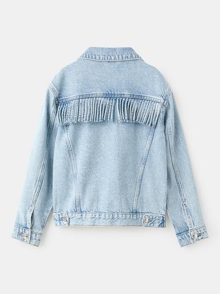 Mango Kids' Relaxed Fringe Denim Trucker Jacket, Light Blue - view 2, Light Blue