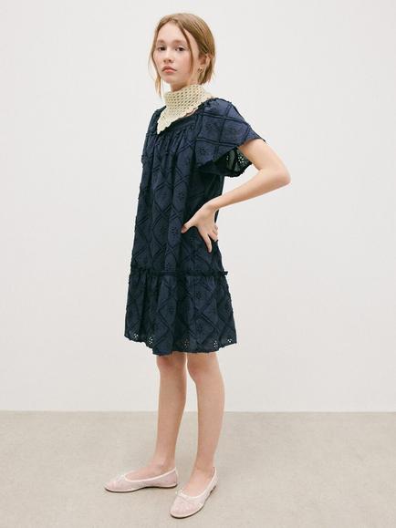 Mango Kids' Vestido Short Sleeve Broderie Tunic Dress, Navy, Navy
