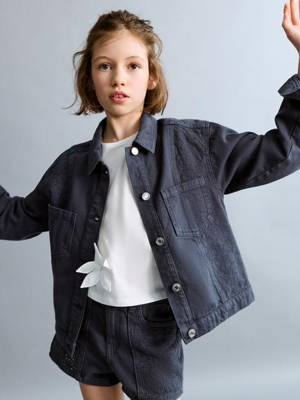 Mango Kids' Embroidered Denim Shorts, Navy, Navy
