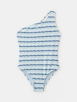 Mango KIds' One Shoulder Wave Stripe Swimsuit, Blue, Blue