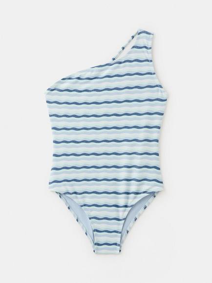Mango KIds' One Shoulder Wave Stripe Swimsuit, Blue, Blue