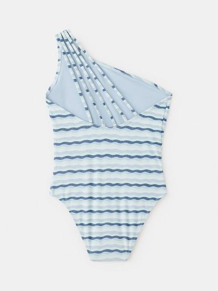 Mango KIds' One Shoulder Wave Stripe Swimsuit, Blue - view 2, Blue
