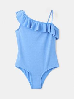 Mango Kids' One Shoulder Ruffle Swimsuit, Blue, Blue