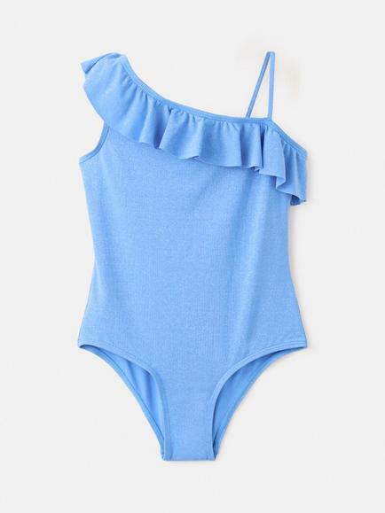 Mango Kids' One Shoulder Ruffle Swimsuit, Blue, Blue