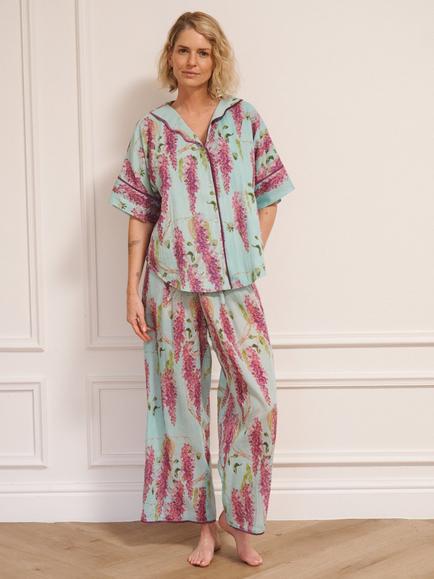 Their Nibs Gauze Wisteria Oversized Long Pyjamas, Duck Egg, Duck Egg